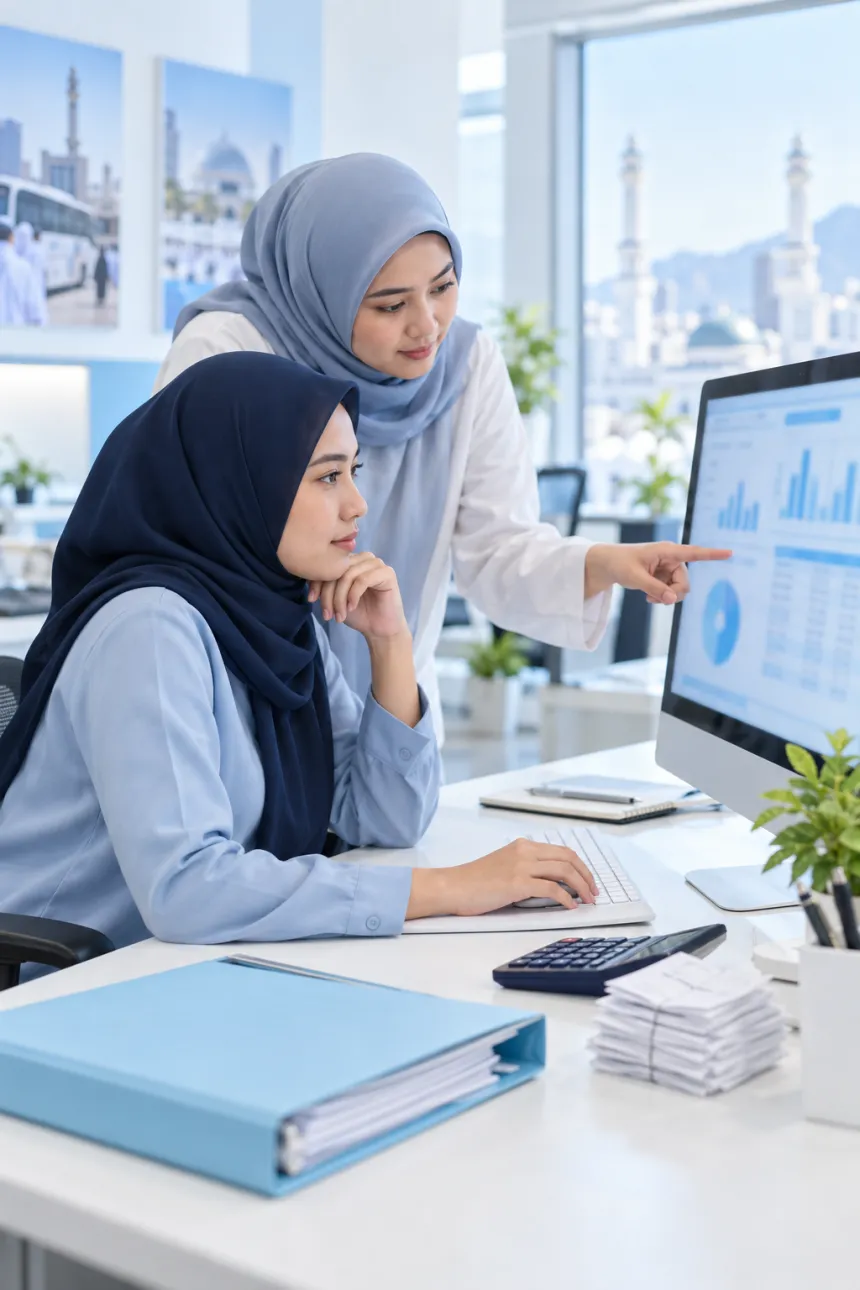 Staf keuangan travel meninjau laporan keuangan di monitor