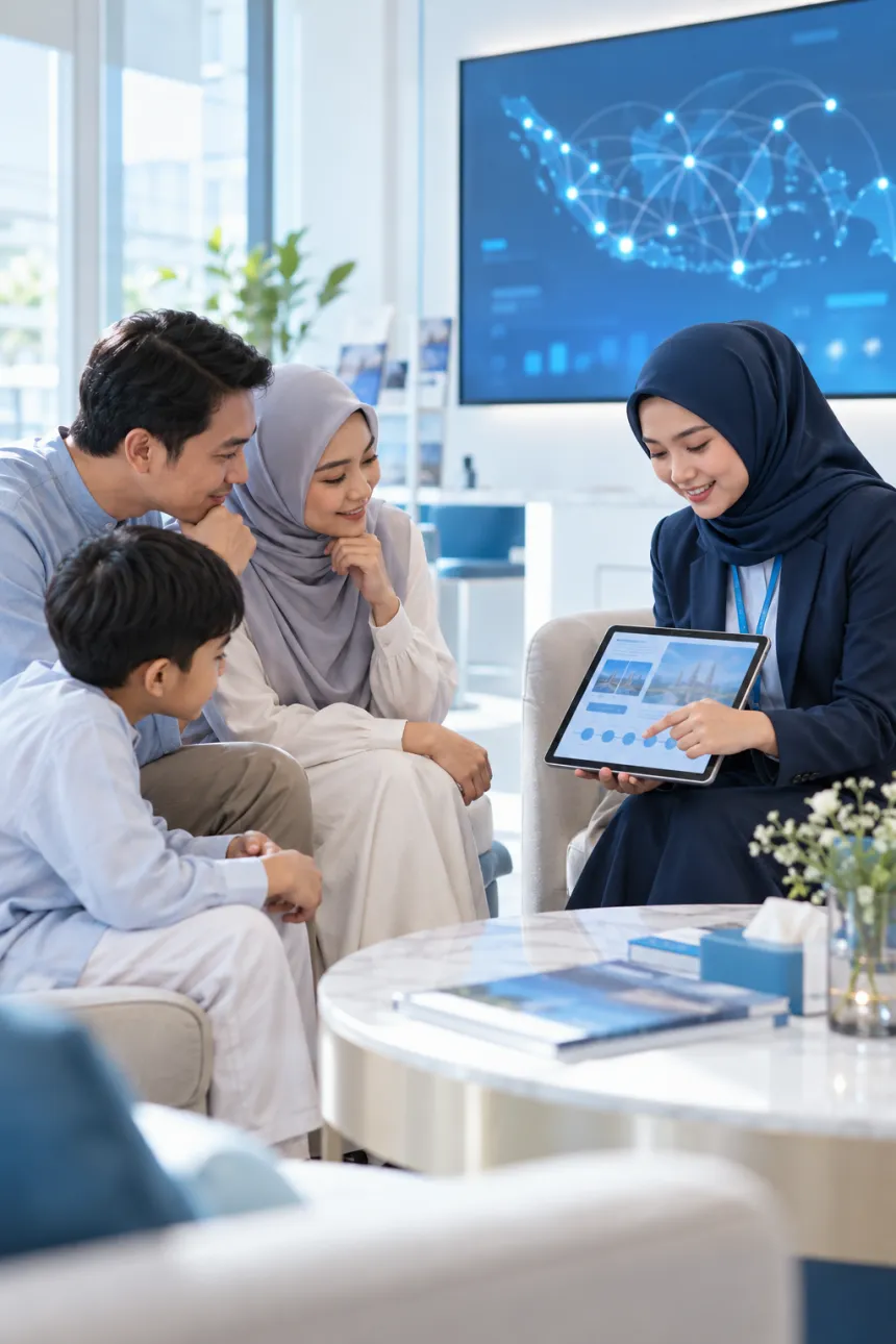 Agen travel mempresentasikan paket umrah kepada keluarga melalui tablet