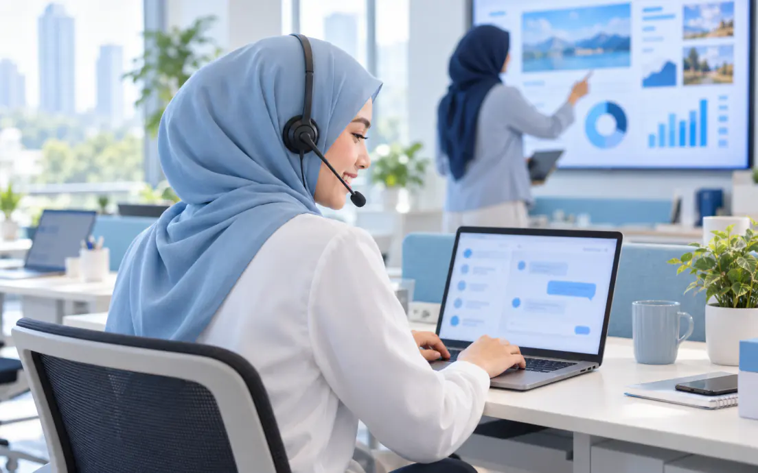Customer service travel melayani calon jamaah melalui chat